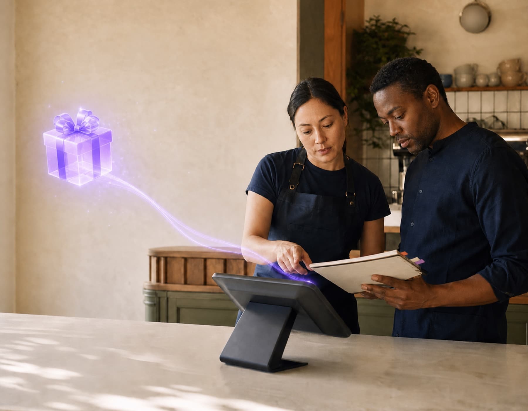 Merchant team reviewing a reward program beside a purple reward visualization