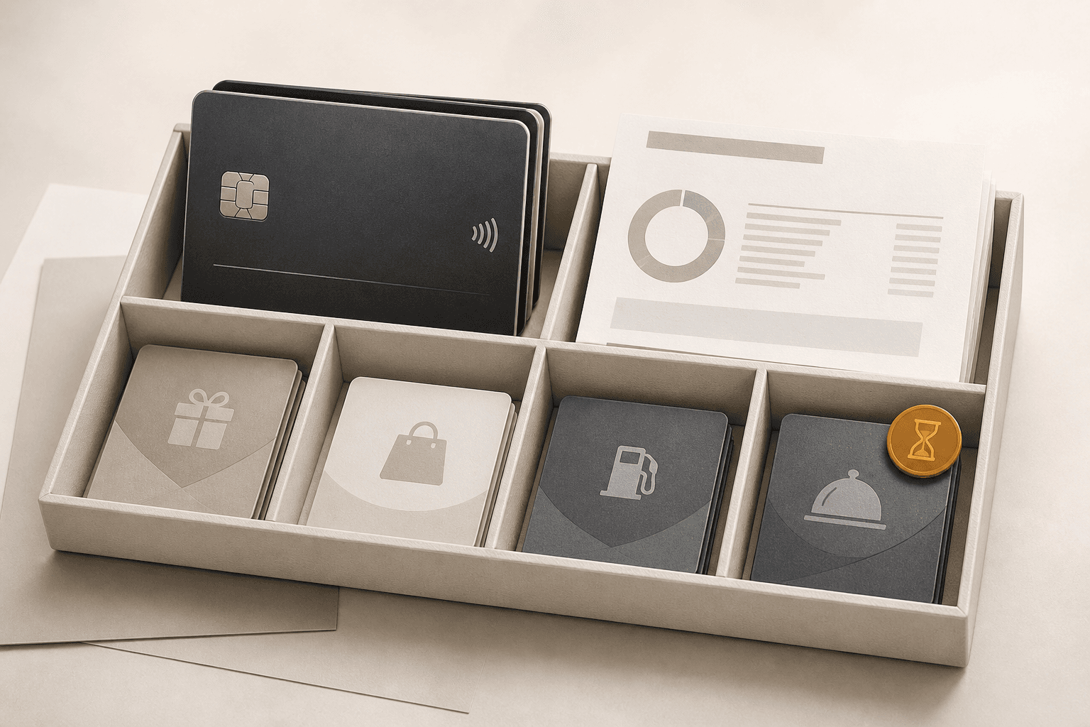 Separate traditional rewards cards and points statements arranged in isolated program compartments